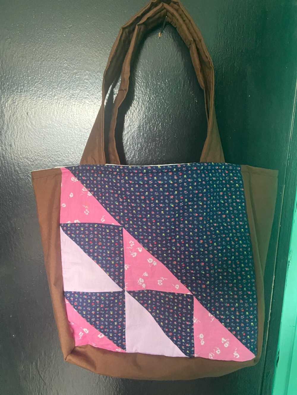 Handmade Brown Tote Bag with Pink & Navy Patchwork